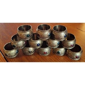 Vintage Brass Napkin Rings Etched Glass Cobachon Gothic Romantic Castlecore EXC